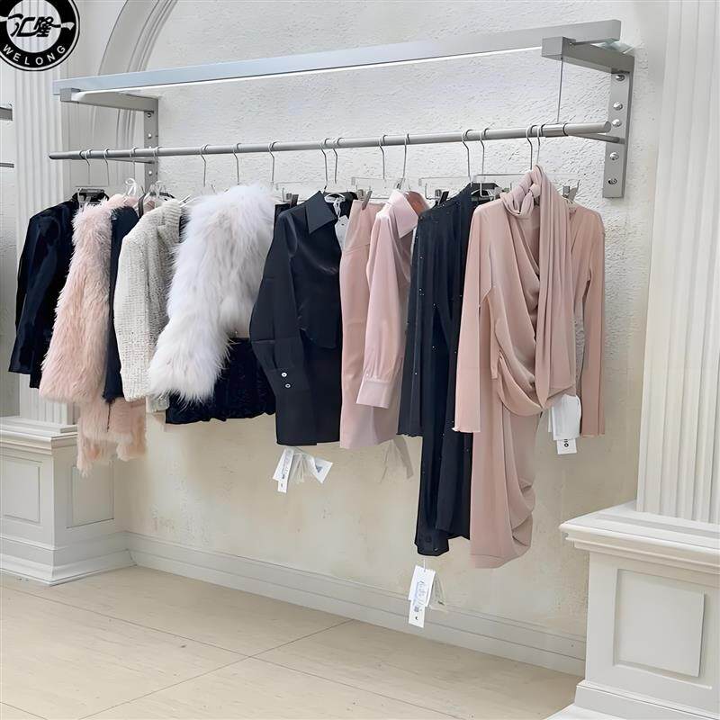服装店展示架买手店不锈钢上墙架侧挂衣架女装带灯陈列壁挂式货架