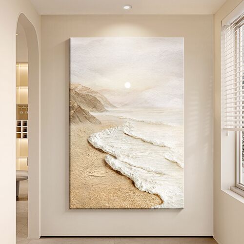 侘寂风客厅装饰画奶油肌理落地画抽象海浪沙发背景墙挂画玄关壁画