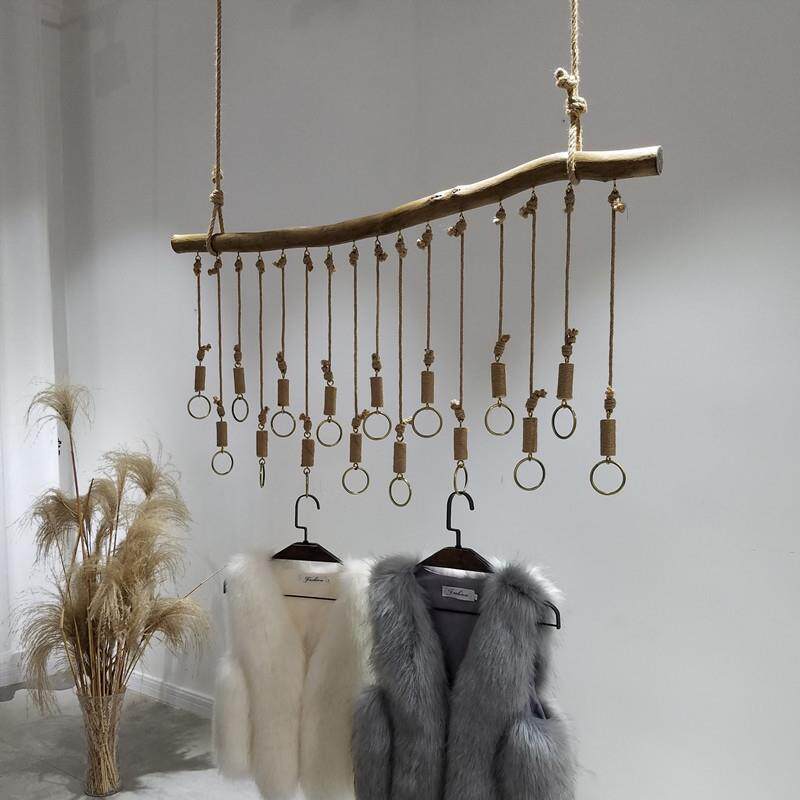 树枝麻绳吊架展示架服装店上墙悬挂壁挂复古墙上女装衣架服装架子