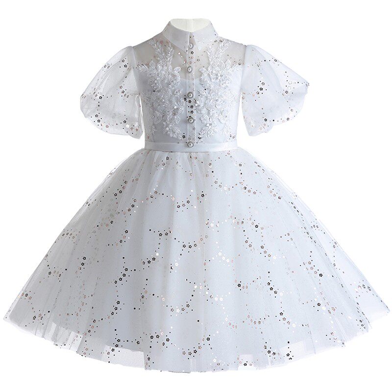 儿童礼服女童生日公主裙白色花童婚纱女孩小主持人演出服钢琴服装