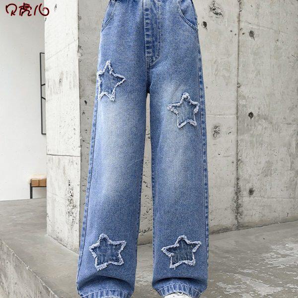 女童裤子春秋2023新款秋冬加绒中大童黑色休闲阔腿春装儿童牛仔裤