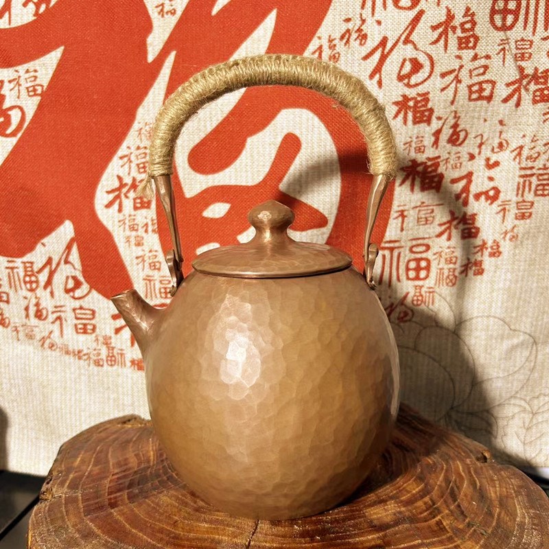 原色纯手工一张打煮茶水壶加厚紫铜1.3L电陶碳炉烧水龙蛋提梁铜壶