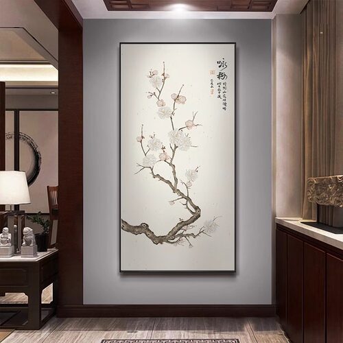 入户玄关走廊过道装饰画新中式挂画客厅背景墙画花鸟玄幻壁画竖版