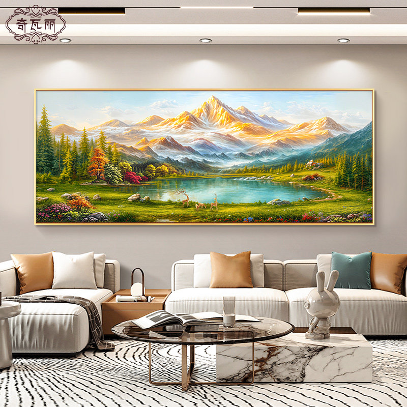 背靠金山客厅装饰画手绘油画沙发背景墙挂画聚宝盆山水壁画高级感