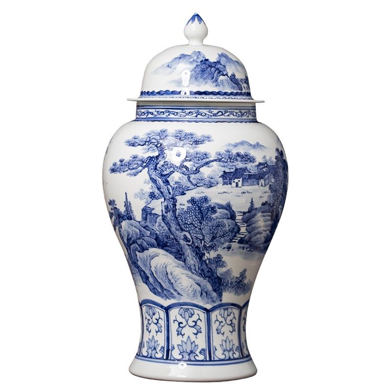景德镇陶瓷器青花瓷花瓶手绘将军罐客厅玄关摆件仿古中式大号瓷瓶