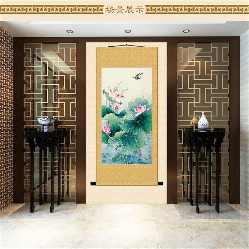 荷花翠鸟图 俞致贞于非暗工笔花鸟卷轴挂画 中式复古玄关装饰字画