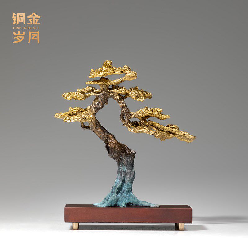 迎客松铜摆件新中式家居客厅玄关电视柜博古架铜器装饰品乔迁摆设