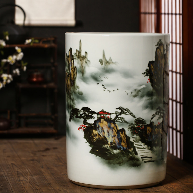 景德镇陶瓷器手绘花瓶箭筒书画卷轴缸字画筒落地大号客厅家居摆件