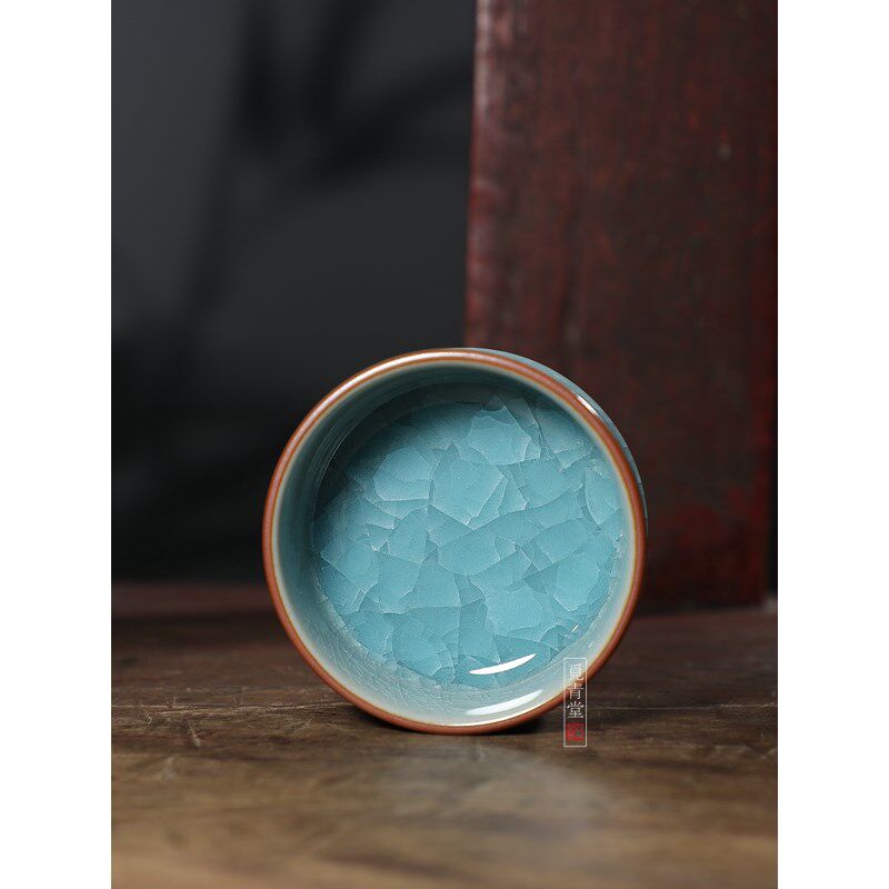 【吴进湖蓝冰生竹节杯】龙泉青瓷高端茶具中式冰裂茶杯功夫茶单杯