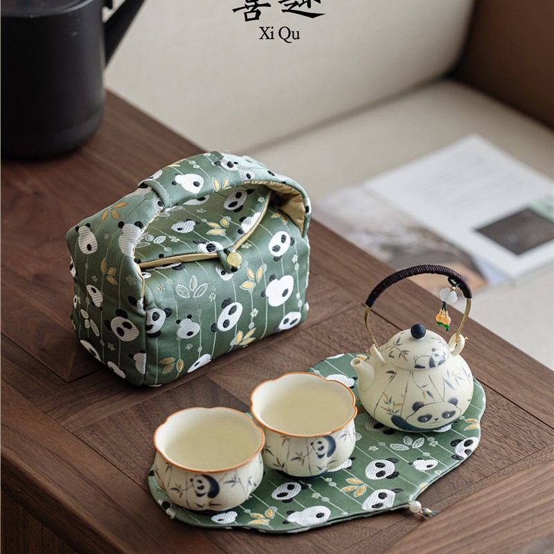 趣熊猫玩竹女茶具一壶两杯便携式旅行茶具一人饮用茶壶茶杯礼品