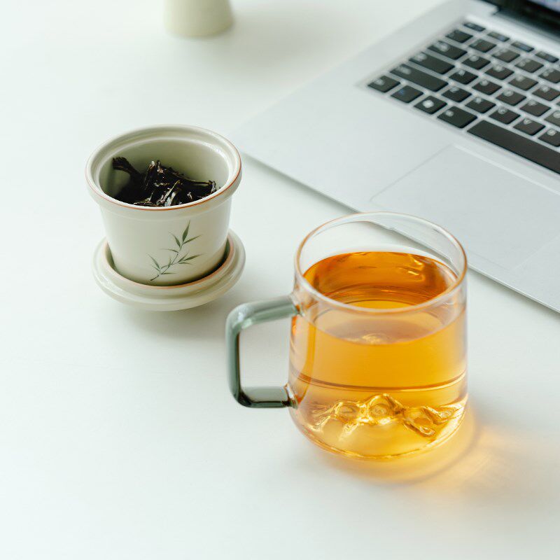 拓土纯手绘筱竹玻璃办公杯带盖过滤单个泡茶杯大容量茶水分离杯子