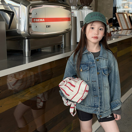 女童秋季复古做旧水洗牛仔外套儿童韩系超好看翻领长袖夹克上衣潮