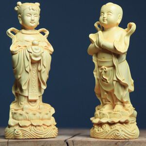 崖柏黄杨木雕刻金童玉女摆件招财童男童女善财童子龙女居家装饰品