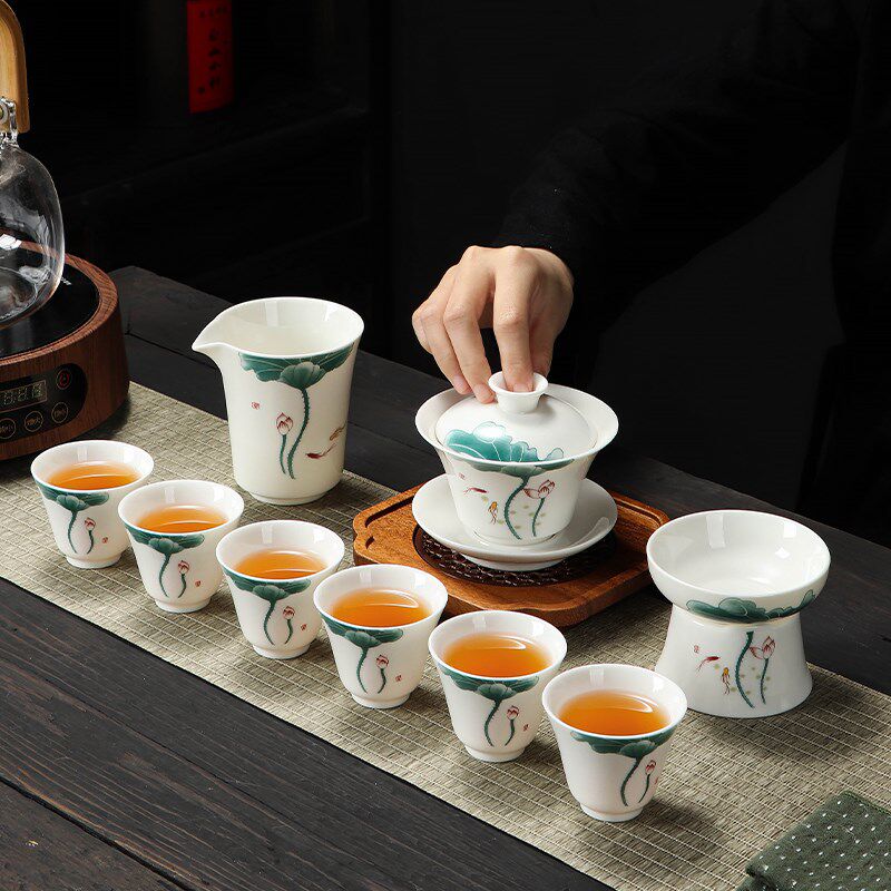 羊脂玉白瓷盖碗茶杯套装荷花功夫茶具陶瓷家用办公室高端轻奢送礼