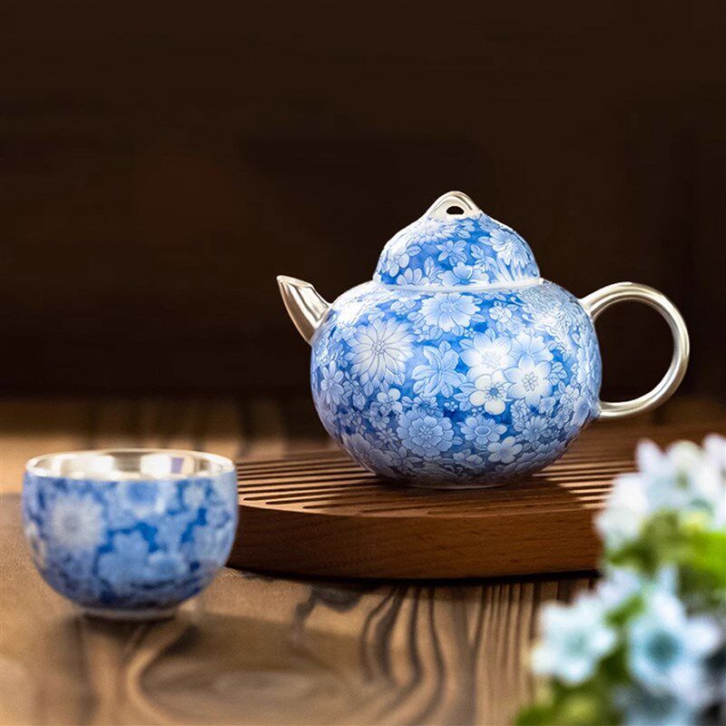 青花优瓷系列  鎏银工艺功夫茶具精品茶壶茶杯礼盒套装
