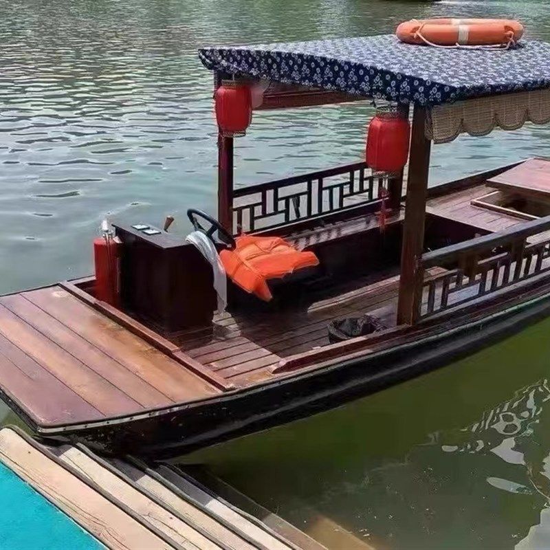仿古木船渔船实木餐饮船单蓬水上电动手划摇撸观光装饰旅游乌篷船