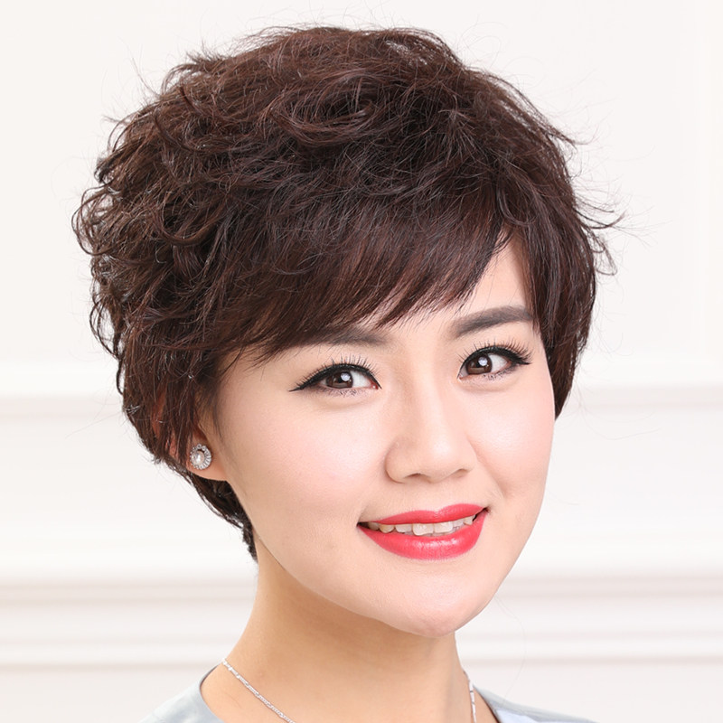 假发女短卷发造型中老年真发圆脸妈妈盖白发头套光头化疗R23
