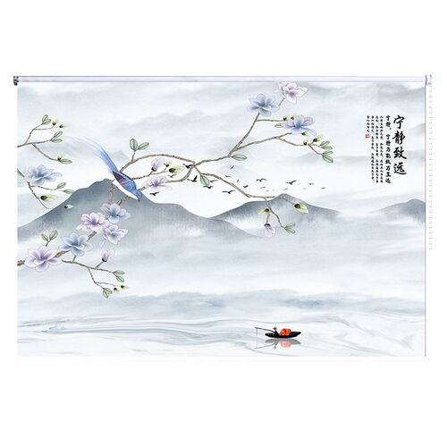 简约意境水墨山水画卷帘窗帘办公室阳台遮阳茶室玄关手拉电动升降