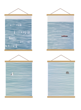 小众童趣手绘风蓝色海洋动物帆船装饰画床头挂画儿童房实木挂轴画