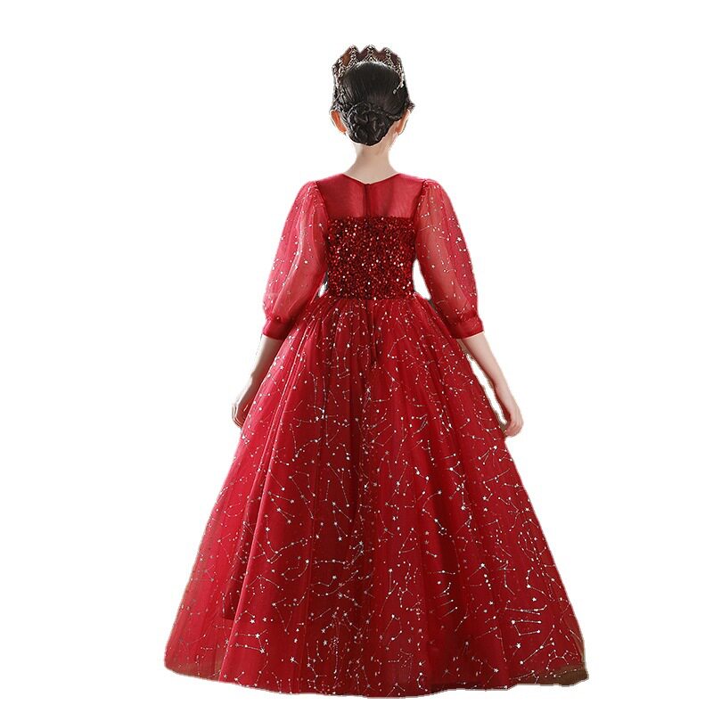 女大童大码高端红色新年礼服公主裙婚纱裙蓬蓬纱主持人钢琴演出服