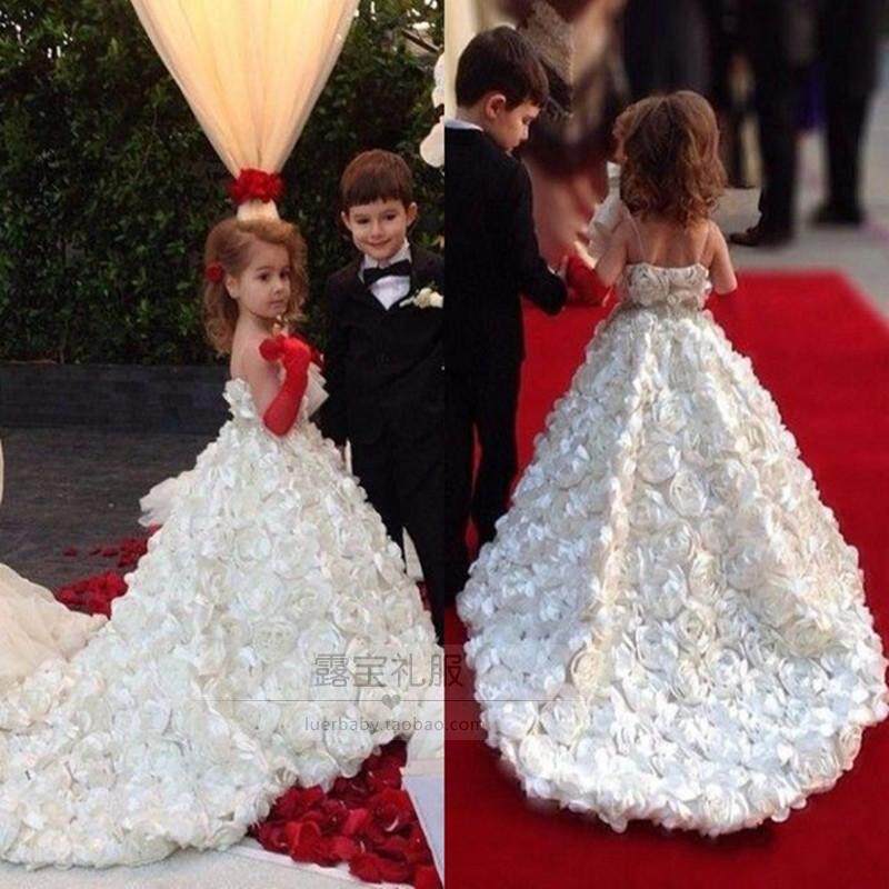 儿童礼服白色女童公主裙花童生日拖尾蕾丝婚纱钢琴走秀T台演出服