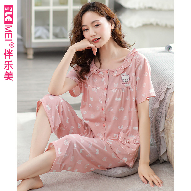 睡衣女夏短袖七分裤中年妈妈纯棉薄款开衫全棉宽松家居服两件套装