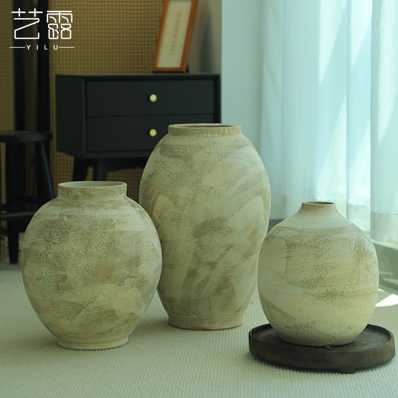 土陶罐花瓶粗陶瓶插花复古做旧中古侘寂风民宿酒店侘寂风中古摆件