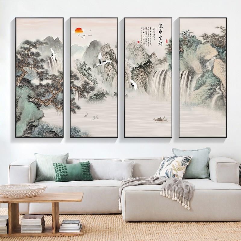 网红新中式客厅装饰画流水生财沙发背景墙挂画茶室禅意水墨四联山