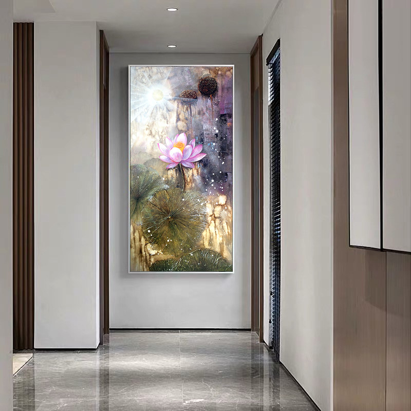 纯手绘油画荷花进门玄关画新中式港式轻奢走廓玄幻装饰画竖版过道
