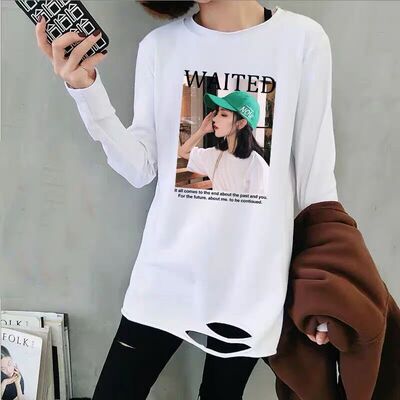 加绒保暖打底衫女t恤长袖大码女装2021新款秋冬夏中长款破洞上衣