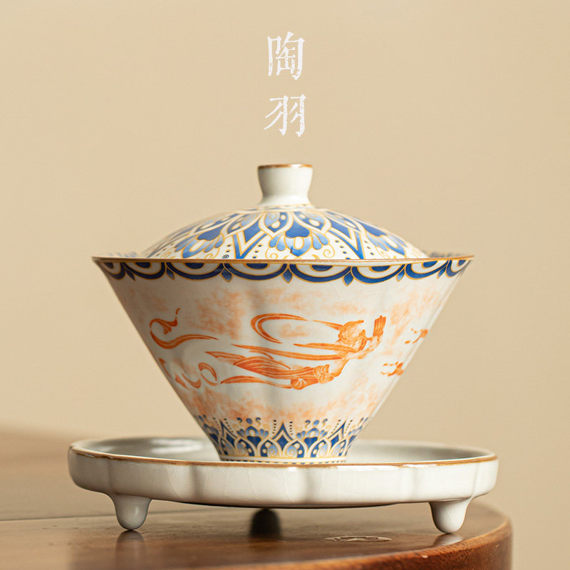 仿宋汝窑敦煌飞天盖碗 陶瓷功夫茶具 大容量防烫三才盖碗 德化陶