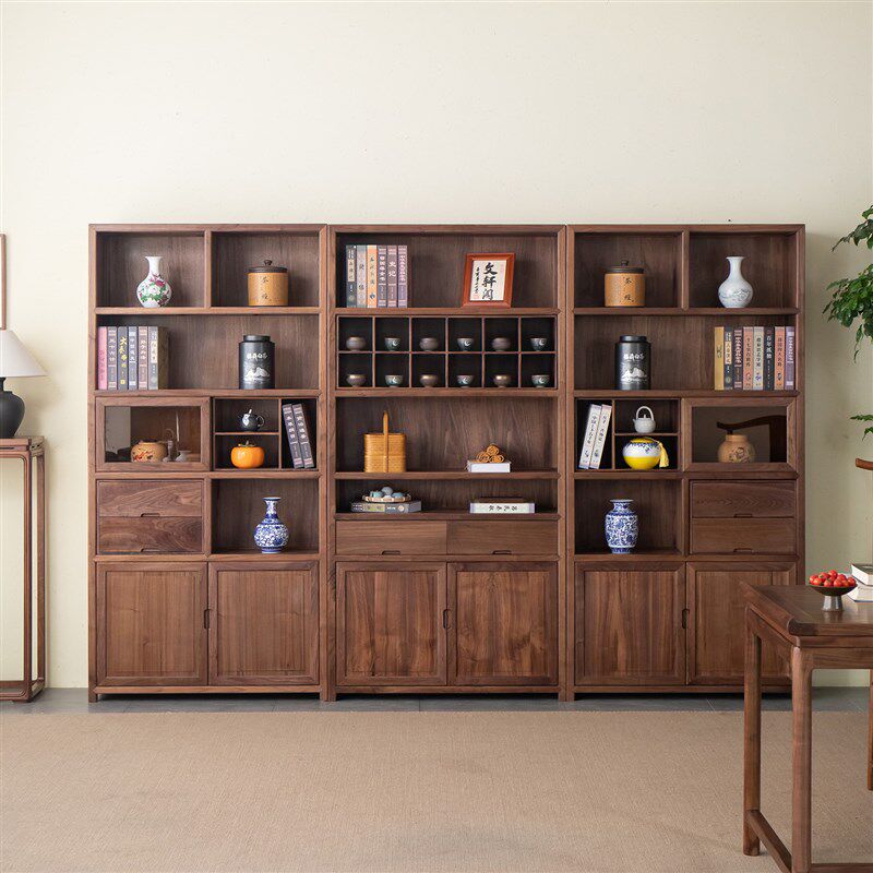 杪轩新中式博古架黑胡桃木实木书架新款三组合展示柜茶室家具