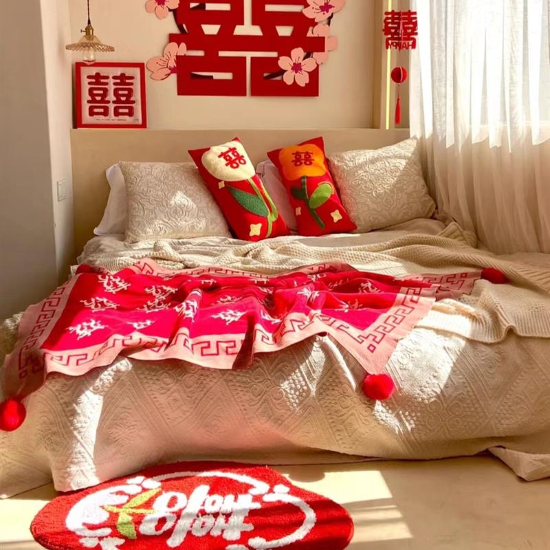 喜庆入户门吸水喜字地毯婚房布置装饰卧室大红色加厚防滑婚礼装饰