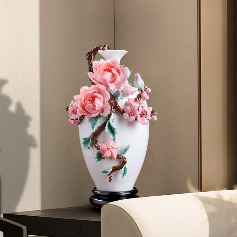 东方泥土新中式陶瓷非遗手工捏制牡丹花瓶摆件居家客厅酒柜装饰品