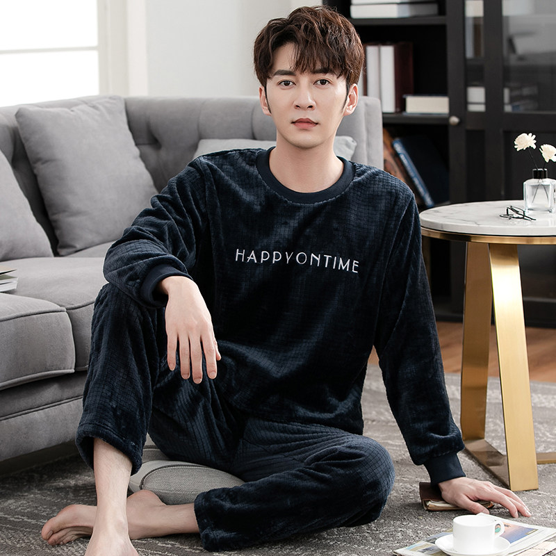 男士珊瑚绒睡衣冬季加厚保暖加绒家居服青年圆领休闲法兰绒男套装