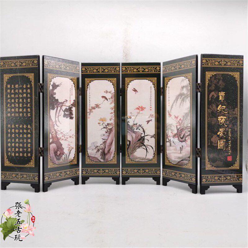 古玩中国风特色漆器六扇小屏风实木桌面玄关折扇摆件装饰贵妃美女