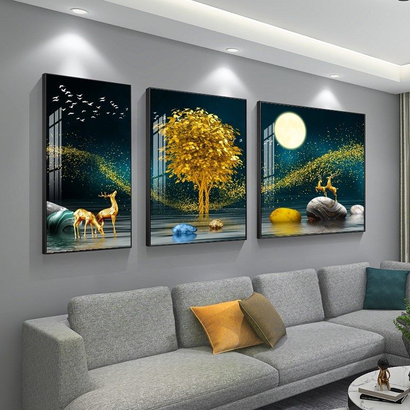 轻奢客厅晶瓷镶钻艺术感三联画挂画装饰画沙发背景墙新款2022网红