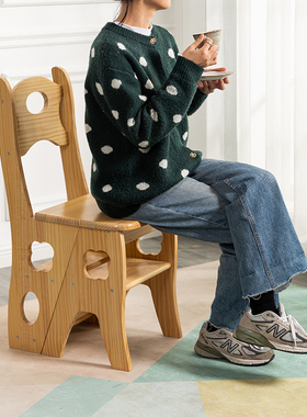 网红款实木椅子梯登高踏板家用多功能折叠梯凳楠竹子白色四步梯子