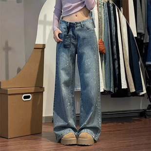 宽松显瘦遮胯阔腿裤 美式 新款 女2026年春季 潮 复古满天星烫钻牛仔裤