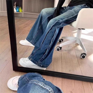 胖mm梨形身材宽松高腰显瘦阔腿拖地裤 女夏季 子 复古直筒牛仔裤 大码