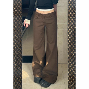 子设计微喇牛仔裤 美式 辣妹低腰宽松显瘦拖地裤 新款 女 做旧咖色秋季