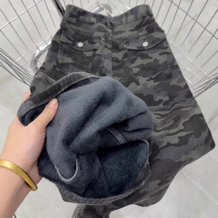 阔腿裤 大码 女秋胖mm高腰宽松直筒工装 加绒加厚迷彩牛仔裤 美式