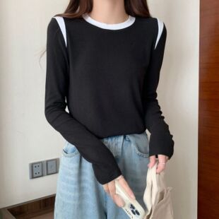 新款 显瘦洋气上衣百搭圆领宽松内搭长袖 打底衫 撞色修身 美式 春季
