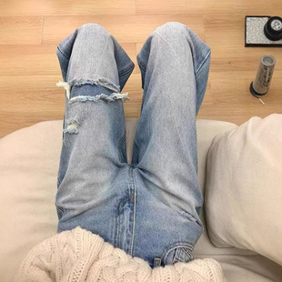 复古直筒宽松高腰显瘦拖地长裤 浅蓝破洞阔腿牛仔裤 美式 新款 女春季