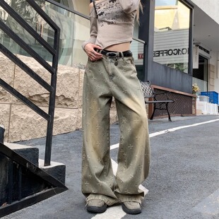 高腰牛仔裤女春季新款辣妹阔腿重工十字星宽松水洗做旧直筒拖地裤