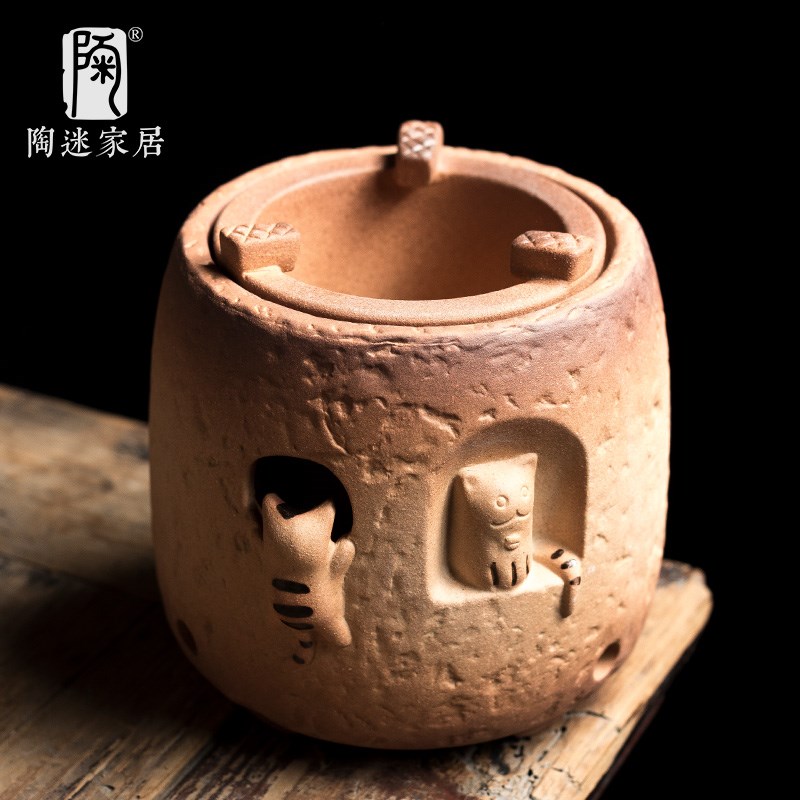 陶迷原矿煮茶套装创意萌虎炭炉明火橄榄木烧水壶粗陶大容量温茶器