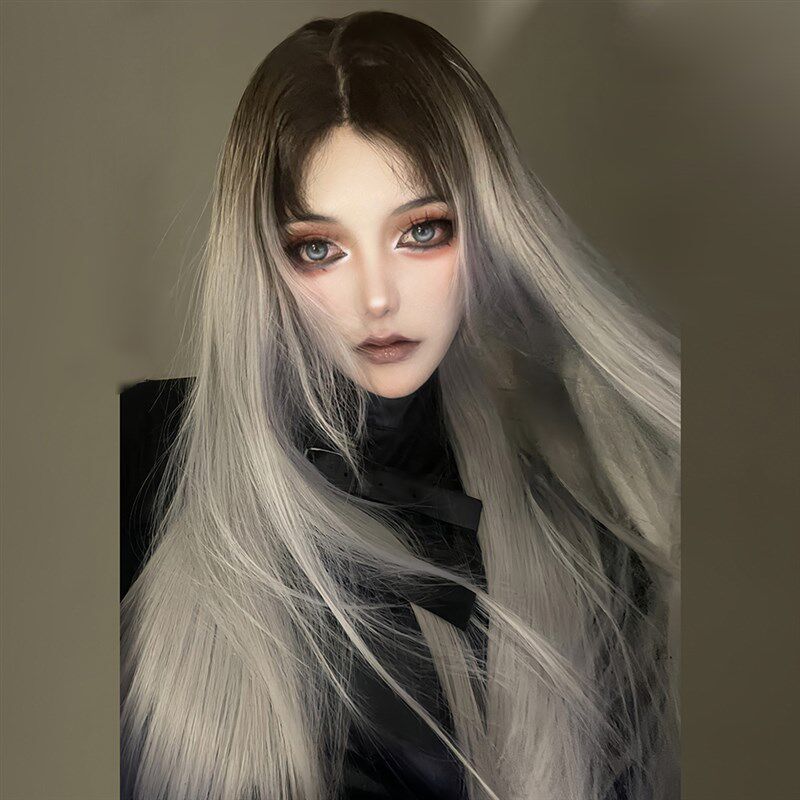 灰色渐变色中分长直发手勾前额蕾丝全头套女y2k八字刘海日常自然