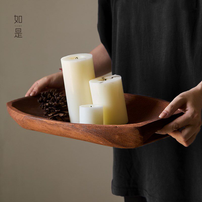 如是/复古色中古大托盘果盘民宿水果盘设计师侘寂风果盆装饰摆件