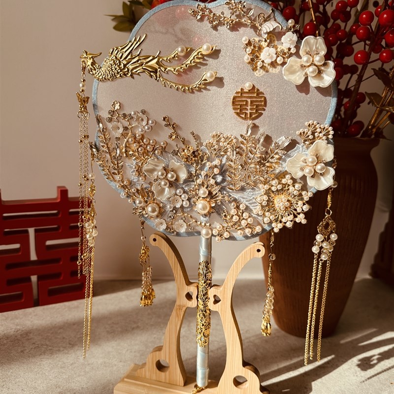 中式婚礼礼物新娘团扇冰蓝色结婚喜扇秀禾服扇手捧花扇子DIY成品