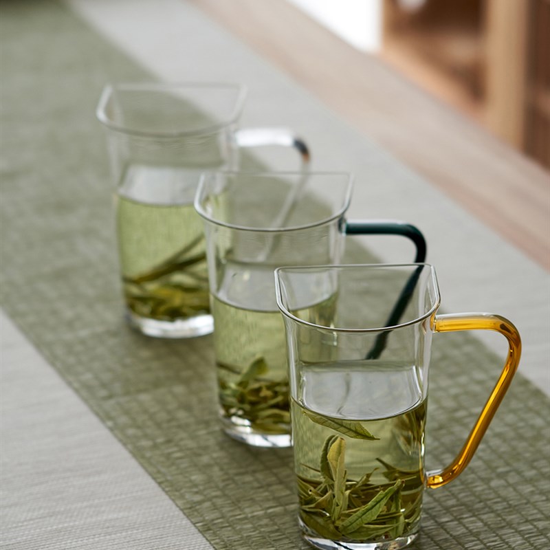 北大史 玻璃绿茶杯 耐热纯手工透明带把颜值超高级龙井个人专用杯